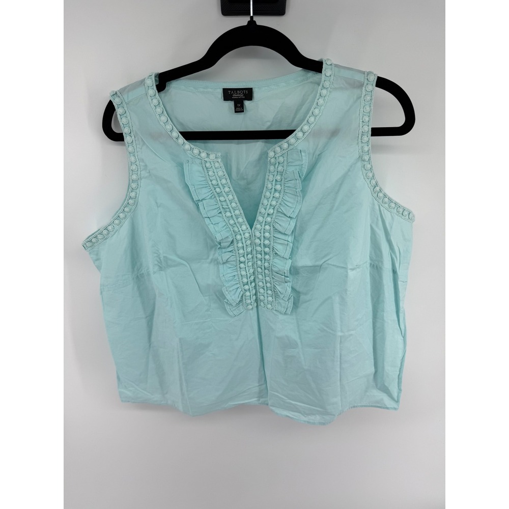 Talbots Woman Petites 1X Aqua Blue Ruffle Pom Pom Trim Sleeveless Cotton Blouse